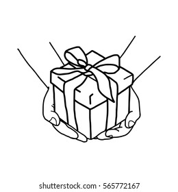 Illustration Vector Hand Drawn Doodle Of Hand Holding A Gift Box With Bow