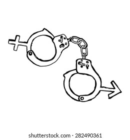 illustration vector hand drawn doodles of handcuff with sex sign, marriage concept, creative design.