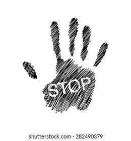 illustration vector hand drawn doodles of Hand raised with the word STOP, creative design.