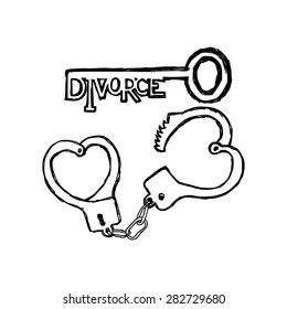 illustration vector hand drawn doodles of handcuffs in the form of heart and the key with the word DIVORCE, marriage concept, creative design.