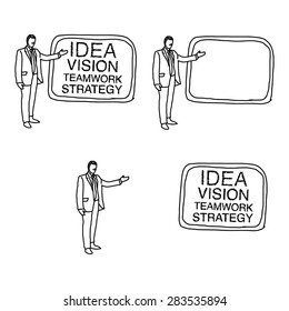illustration vector hand drawn doodles of businessman present whiteboard with words of success