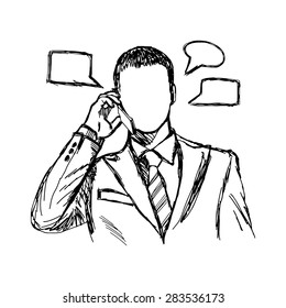 illustration vector hand drawn doodles of businessman using mobile telephone with speech bubbles, communication concept