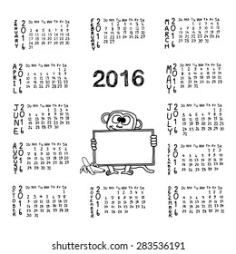 illustration vector hand drawn doodles of calendar for 2016 with monkey holding white blank board on white background