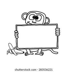 illustration vector hand drawn doodles of monkey holding blank sign with copy-space 