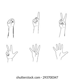 illustration vector hand drawn doodles of hands making the numbers 0-5  isolated on white background