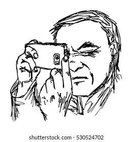 illustration vector hand drawn man taking a photo with mobile phone.