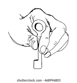 illustration vector hand drawn sketch of hand holding key isolated on white background.