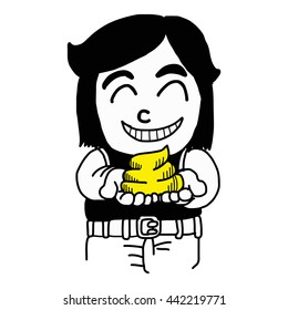 illustration vector hand drawn of  smiling boy holding a poop isolated on white background