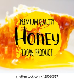 Illustration of vector hand drawn writing honey logo, label, badge in modern ink calligraphy style. Natural bee products. Yellow spot of honey with the bee and honeycomb logo