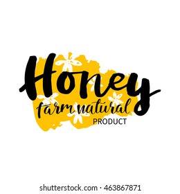 Illustration of vector hand drawn writing honey logo, label, badge in modern ink calligraphy style.