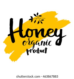 Illustration of vector hand drawn writing honey logo, label, badge in modern ink calligraphy style.