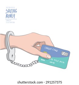 Illustration vector a hand handcuffed tethered to a credit card. Drawing paint flat style.