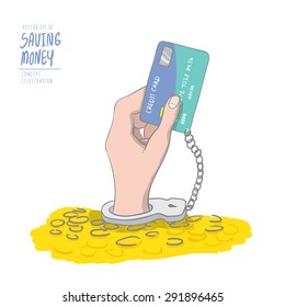 Illustration vector a hand handcuffed tethered to a credit card out of pile coins. Drawing paint flat vector.