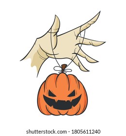 Illustration Vector of Hand Hanging a Cute Halloween Pumpkin