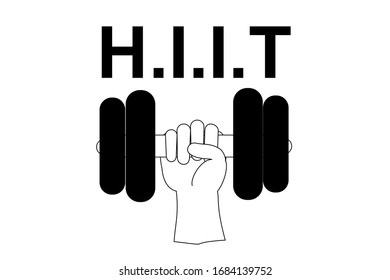 Illustration vector of hand holding dumbbell with word HIIT (high intensity interval training healthy lifestyle concept