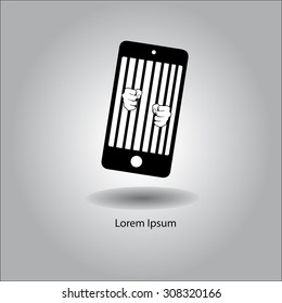 Illustration Vector Hand Holding Jail Bars In Mobile Phone, Prisoner Of Technology Concept, Creative Design.