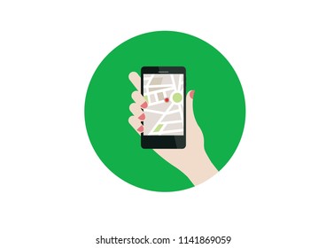 Illustration vector, Hand holding smartphone showing maps application
