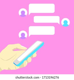 An illustration vector of hand holding a smartphone with finger tapping on the screen. Empty texting message bubbles between partners, man and woman template. Social media apps. 