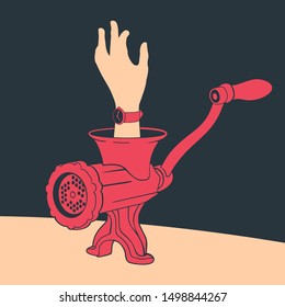 Illustration Vector Hand Of A Man In A Meat Grinder