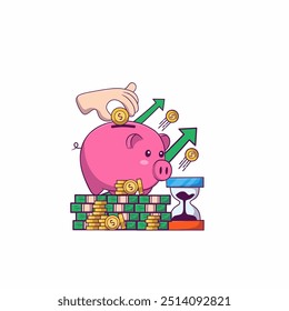 Illustration vector hand saving money coins in piggy bank. Investment piggy bank. Saving money illustration element. 