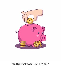 Ilustração vetor mão guardando moedas de dinheiro no piggy bank. Banco porquinho de investimento. Elemento de ilustração de economia. 