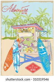 illustration vector handmade drawing life guard home and tropical beach and tropical flowers and surf boards with palms pattern