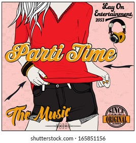 illustration vector handmade drawing party and fashion girl with calligraphic type and t shirt print