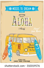 illustration vector handmade drawing tropical beach and surf boards with tropical flowers pattern