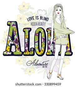 illustration vector handmade drawing-cute girl and aloha