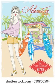 illustration vector handmade drawing-fashion and cute girl. hippie girl. on beach. girl's sandals.