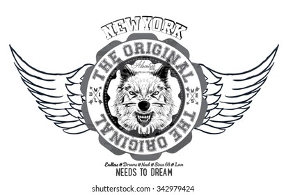 illustration vector handmade drawing-wings label with wild wolf
