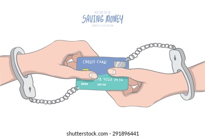 Illustration vector hands handcuffed tethered to a credit card shaped like infinity symbols. Drawing paint flat style.
