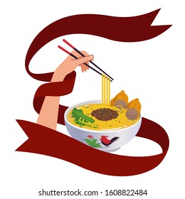 Illustration or vector hands holding chopstick and noodles on traditional bowl with red ribbon.