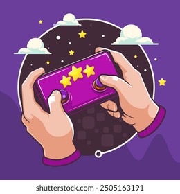 Vector de ilustración de manos que sostienen el teléfono móvil con el juego temático del espacio en la pantalla, fijado contra el fondo cósmico con las estrellas, los planetas, y el ajuste púrpura del espacio