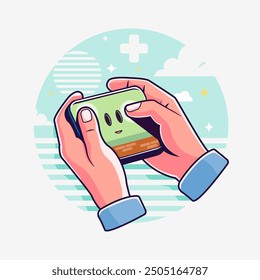 Illustration Vector of Hands Holding Mobile Phone Displaying Smiling Animated Character, with Cheerful Background Featuring Stylized Clouds and Abstract Shapes for a Playful Vibe