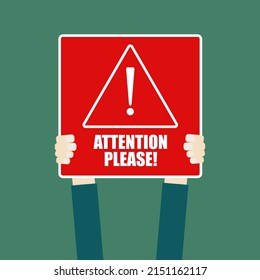 Illustration vector of hands holding red information board says attention please for web graphic resource