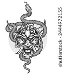 Illustration vector hannya mask, Japanese demon oni mask with snake