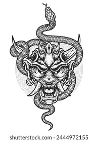 Ilustración Vector hannya máscara, máscara de oni demonio japonés con serpiente