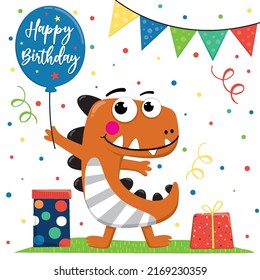 Illustration of vector Happy birthday greeting with cute dinosaur, perfect for greeting card and invitation party