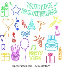 Ilustración del juego de cumpleaños feliz vector y garabatos aislados en fondo blanco. Torta de cumpleaños, flor, ramo, regalo, globos en línea, guirnaldas, pompones de papel, confiti, regalos, dulces.