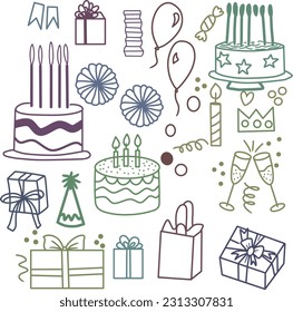 Illustration von Vektorfreude zum Geburtstag und Doodles einzeln auf weißem Hintergrund. Geburtstagskuchen, Blume, Bouquet, Geschenk, Ballons im Styl, Garnelen, Papierpom, Konfetti, Geschenke, Süßigkeiten.