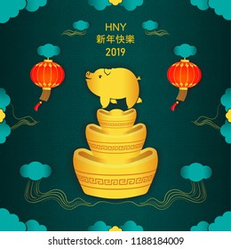 Illustration vector of happy Chinese New year 2019 on red and gold background.Year of pig tradition card.