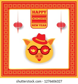 Illustration vector of Happy Chinese New year 2019 design with pig on red background.