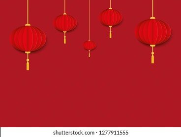 Illustration vector of Happy Chinese New Year 2019 year of the pig paper cut style. With hanging lanterns and copy space for greetings card, flyers, invitation, posters, brochure, banners, calendar.