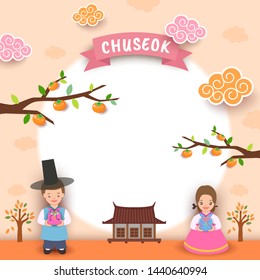 Illustration vector of Happy Chuseok festival design with boy&girl take the gift bag on moon background.