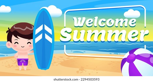 Illustration Vektor des glücklichen Cute Boy Holding Surf Board mit Summer Grußbanner. Perfekt für Kinderillustrationen, Webbanner, Produktbanner usw.