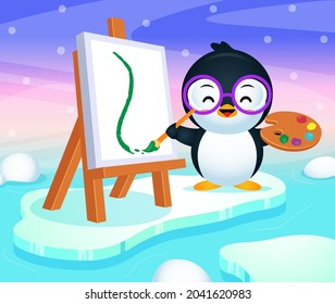 Illustration Vector of Happy Cute Cartoon Penguin Painting 