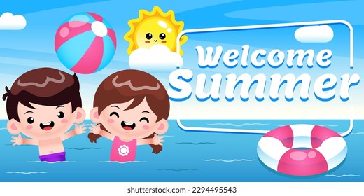 Illustration Vector of Happy Cute Kids Playing Beach Ball On The Sea With Summer Greeting Banner. Perfect for children illustration, web banner, product banner, etc
