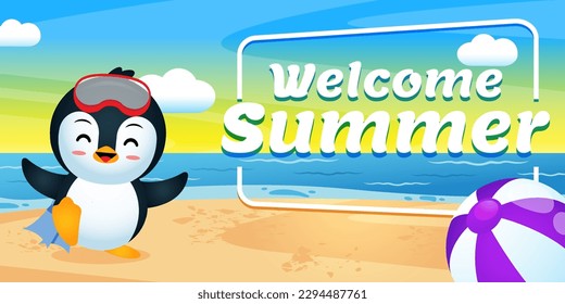 Illustration Vector of Happy Cute Penguin Prepare To Diving With Summer Greeting Banner. Perfect for children illustration, web banner, product banner, etc