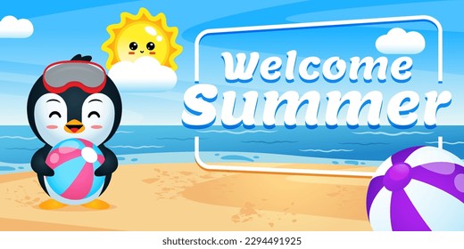 Vector de ilustraciones de Feliz Cute Penguin Holding Ball con cartel de saludo de verano. Ilustración perfecta para niños, banner web, banner de producto, etc